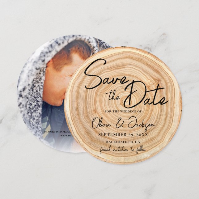 Faire-part de mariage en bois rustique avec photo (Devant / Derrière)