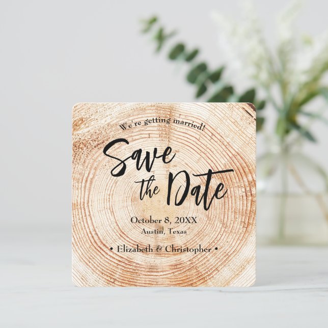 Faire-part de mariage en bois rustique avec site w (Debout devant)