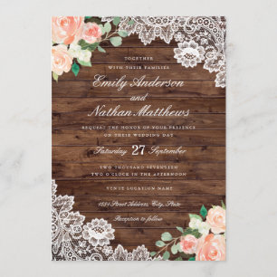 Faire-part de mariage en bois rustique et dentelle