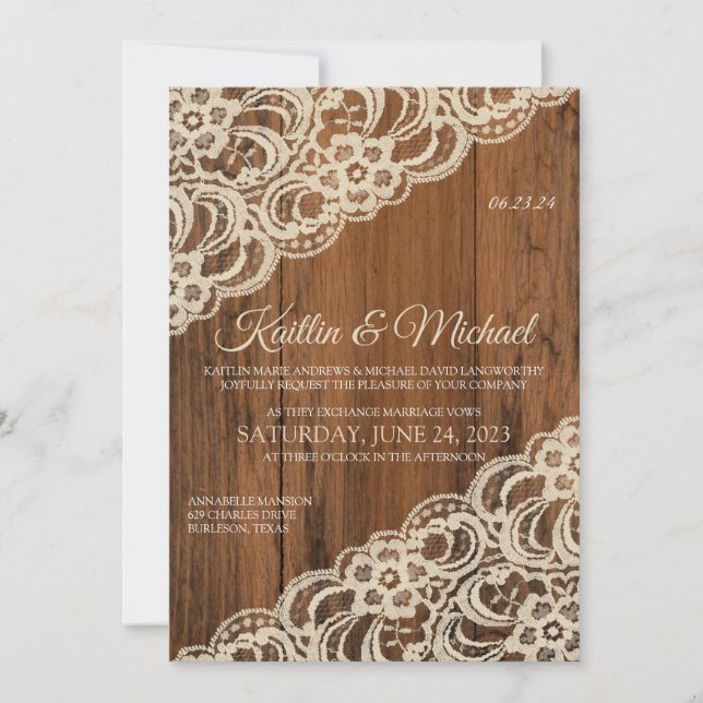 Faire-part de mariage en bois rustique et dentelle (Devant)