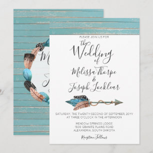 Faire-part de mariage en bois rustique et turquois