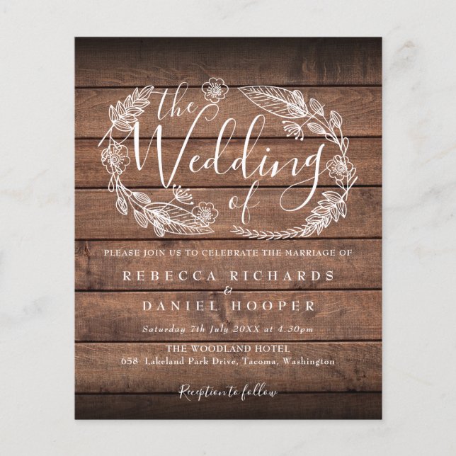 Faire-part de mariage en bois rustique feuillage B (Devant)