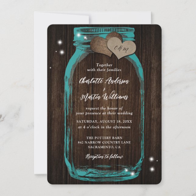 Faire-part de mariage en bois Turquoise rustique M (Devant)