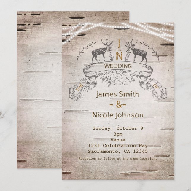 Faire-part de mariage en bouleau avec cerf rustiqu (Devant / Derrière)