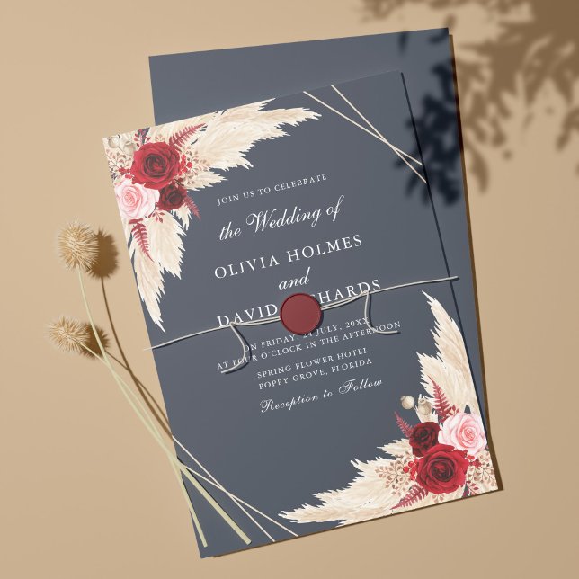 Faire-part de mariage en Bourgogne et bleu poussié (Créateur téléchargé)