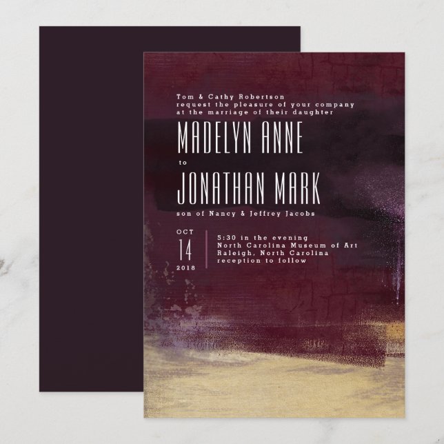 Faire-part de mariage en brosse dorée et suite de  (Devant / Derrière)