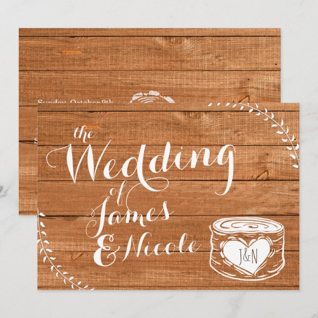 Faire-part de mariage en chêne rustique et souche  (Devant / Derrière)