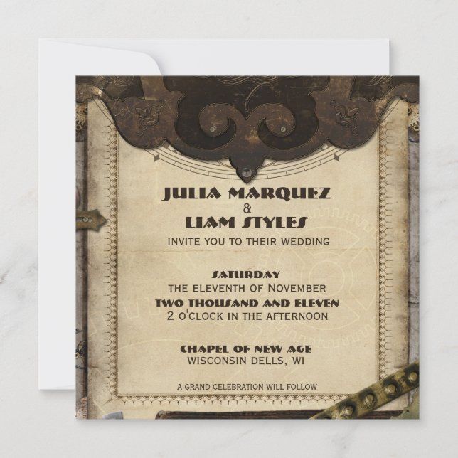 Faire-part de mariage en cuir victorien Steampunk (Devant)