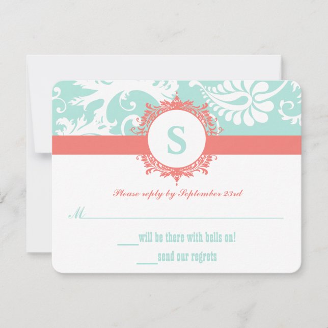 Faire-part de mariage en damas à monogramme avec m (Devant)