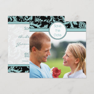 Faire-part de mariage en damas bleu aqua sur fond 