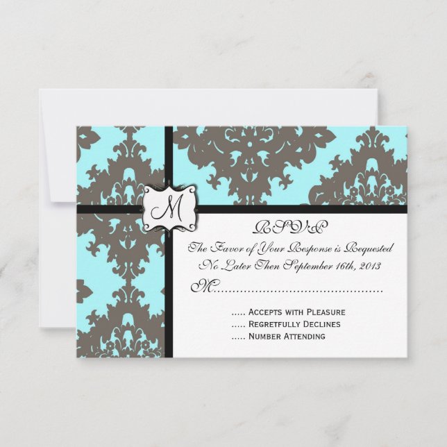 Faire-part de mariage en Damas bleu clair et gris (Devant)