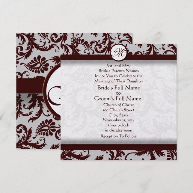 Faire-part de mariage en damas brun chocolat profo (Devant / Derrière)