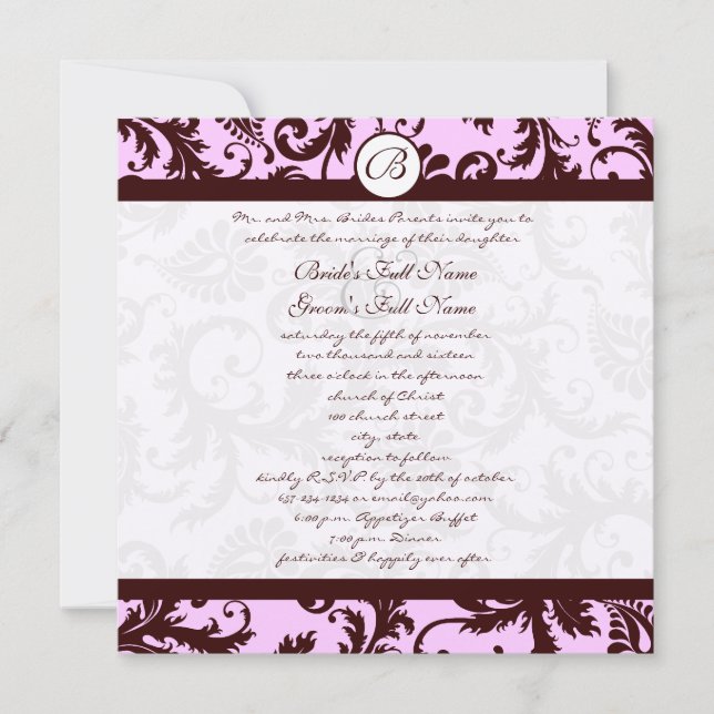 Faire-part de mariage en damas rose brun profond (Devant)