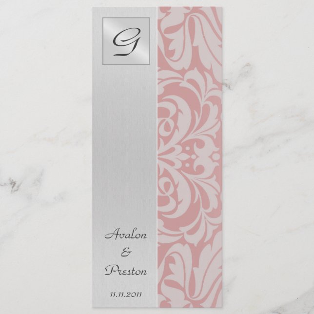 Faire-part de mariage en damas rose monogrammé (Devant)