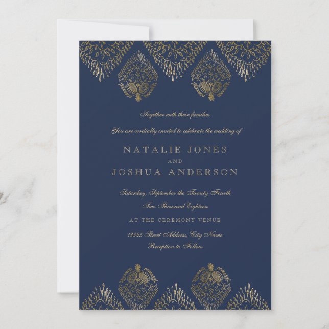Faire-part de mariage en dentelle antique Navy or (Devant)