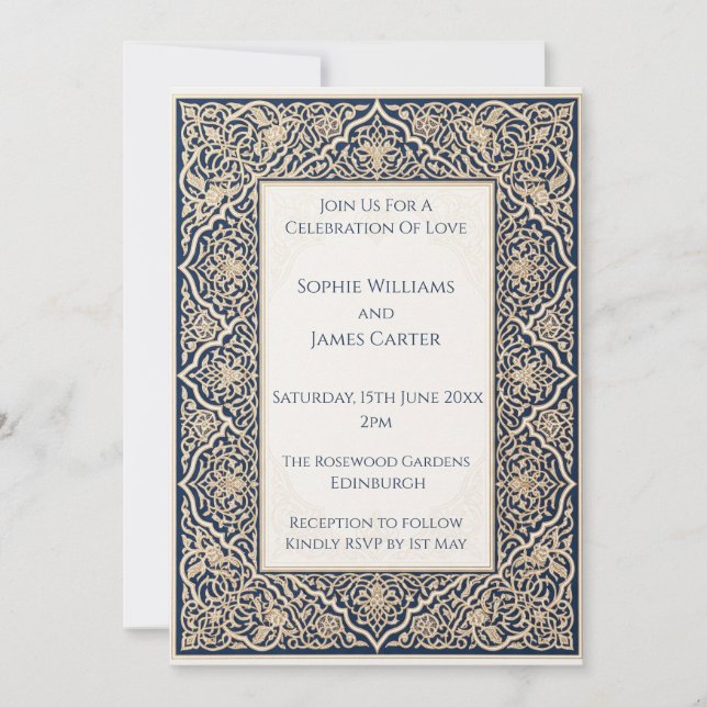 Faire-part de mariage en dentelle arabesque bleu m (Devant)