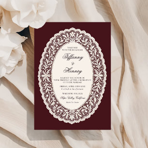 Faire-part de mariage en dentelle bordeaux vintage
