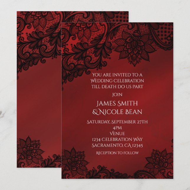 Faire-part de mariage en dentelle d'élégance sombr (Devant / Derrière)