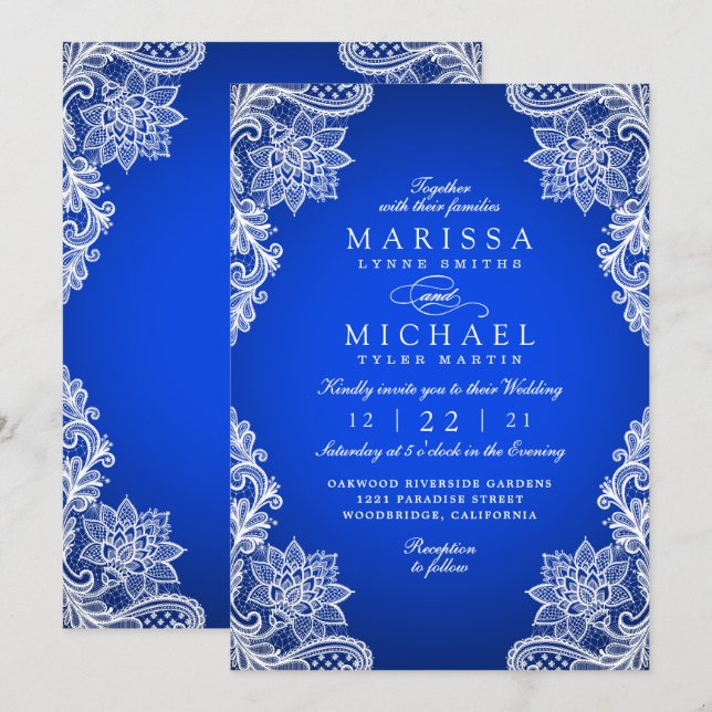 Faire-part de mariage en dentelle florale bleu roy (Devant / Derrière)