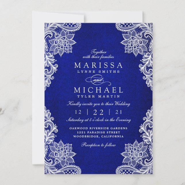Faire-part de mariage en dentelle florale bleu roy (Devant)