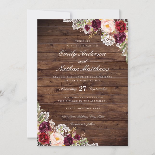 Faire-part de mariage en dentelle florale burgonde (Devant)