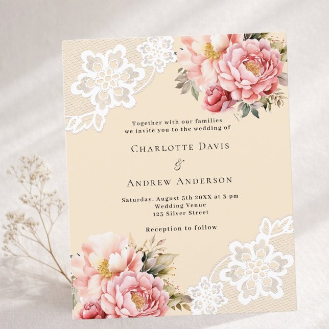 Faire-part de mariage en dentelle florale rose bei (Créateur téléchargé)