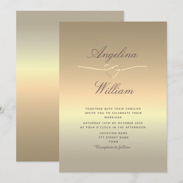 Faire-part de mariage en écriture élégante faux or (Devant / Derrière)