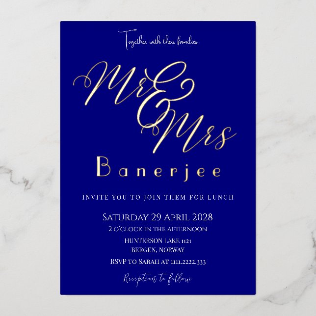 Faire-part de mariage en feuille d'aluminium bleu  (Recto)