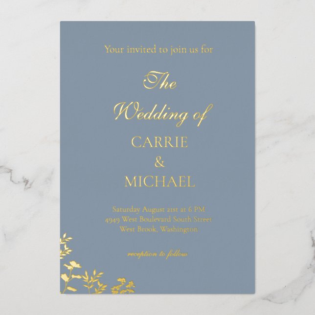 Faire-part de mariage en feuille de dusty blue (Recto)