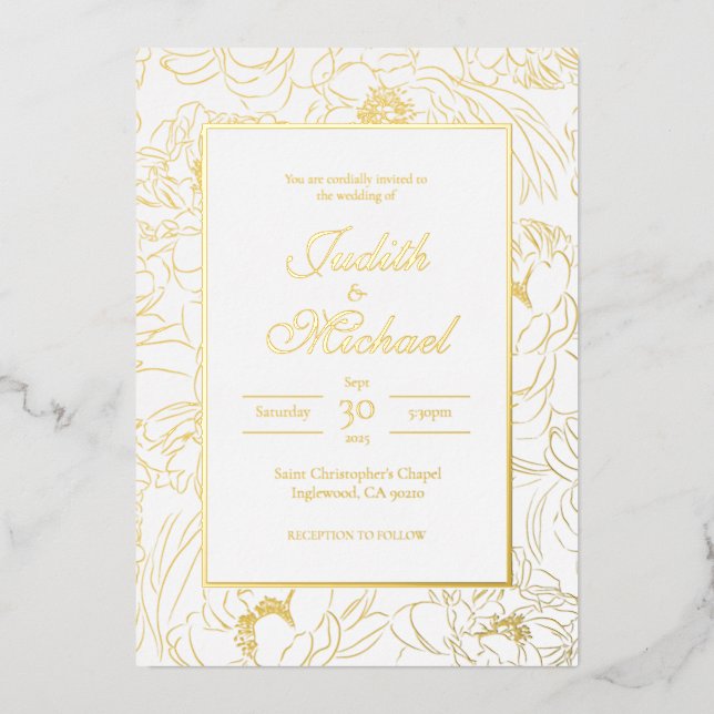 Faire-part de mariage en feuille d'or chic blanc (Recto)