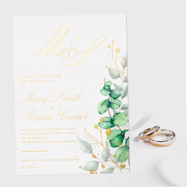 Faire-part de mariage en feuille d'or et eucalyptu (I wish you happiness!!!)