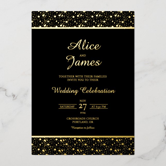 Faire-part de mariage en feuille d'or noir et conf (Recto)