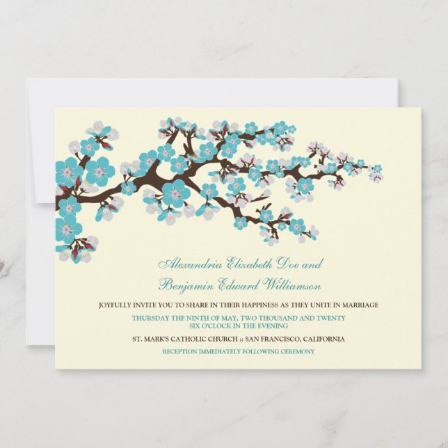 Faire-part de mariage en fleurs de cerisiers (aqua (Devant)