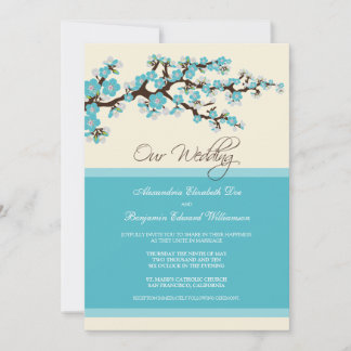 Faire-part de mariage en fleurs de cerisiers (aqua