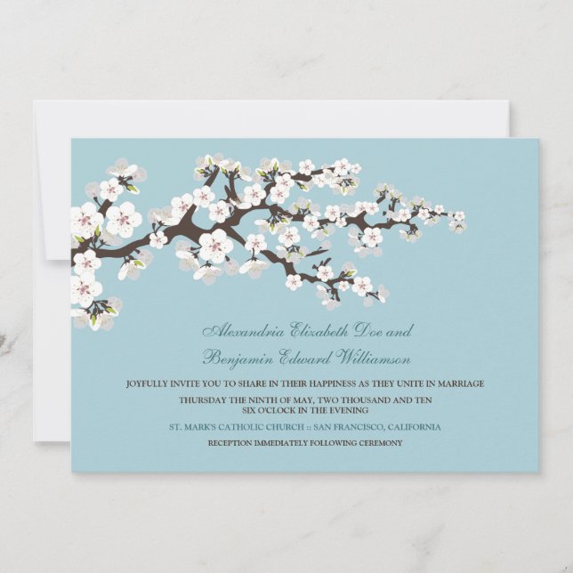 Faire-part de mariage en fleurs de cerisiers (bleu (Devant)