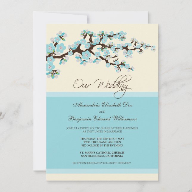 Faire-part de mariage en fleurs de cerisiers (bleu (Devant)