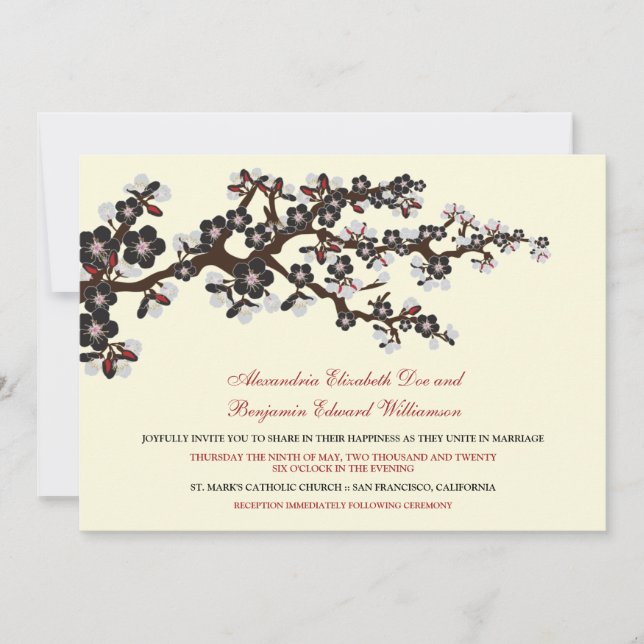 Faire-part de mariage en fleurs de cerisiers (noir (Devant)
