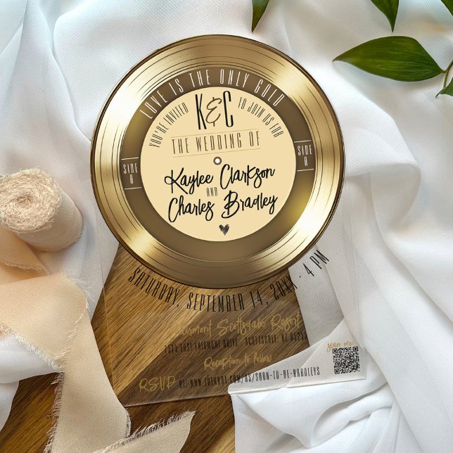 Faire-part de mariage en forme d'arche en acryliqu (Black and gold retro vinyl record vintage monogram modern trendy unique arch acrylic wedding invite)