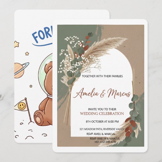 Faire-part de mariage en herbe de Pampas Bohème (Devant / Derrière)