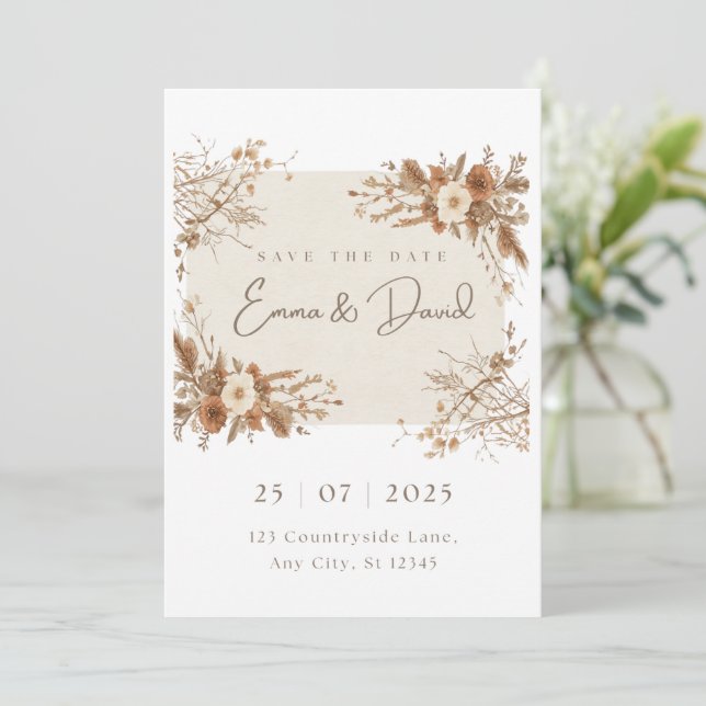 Faire-part de mariage en herbe de Pampas Bohème ru (Debout devant)