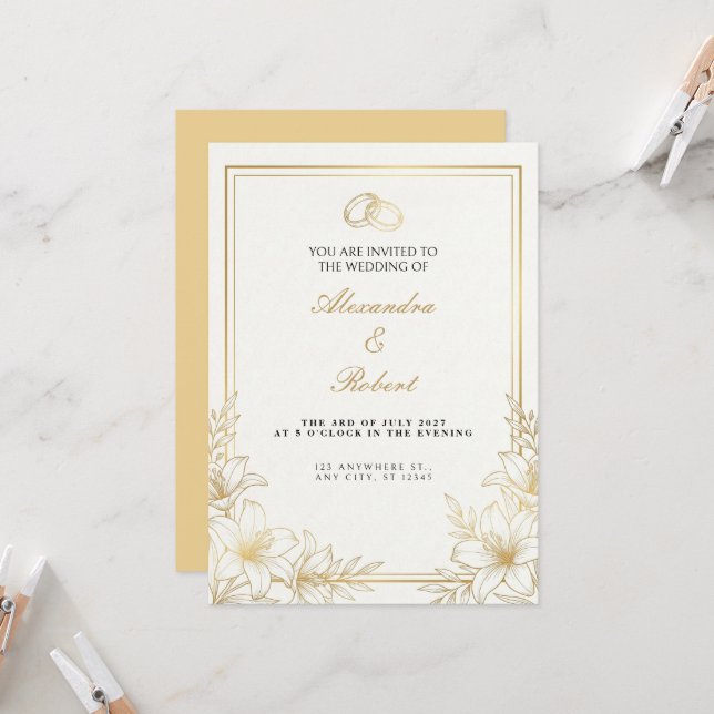 Faire-part de mariage en ligne d'art Lily doré (Devant/Arrière en situation)