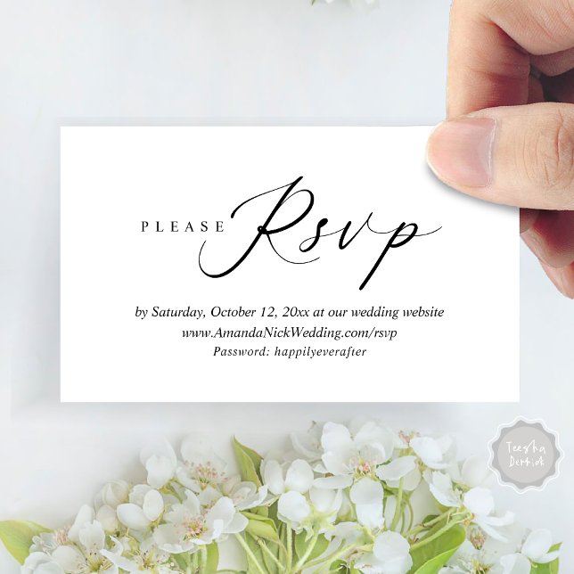 Faire-part de mariage en ligne RSVP, carte de scri (Wedding Invitation Online RSVP Enclosed Card, Modern Romantic Script, Black and White)