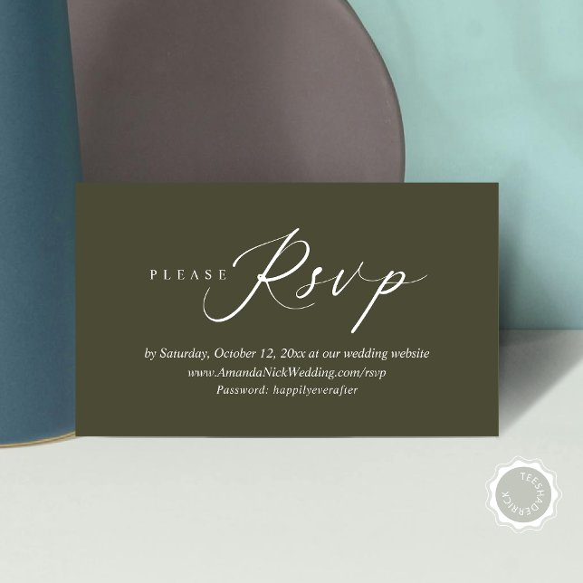 Faire-part de mariage en ligne RSVP, carte de scri (Wedding Invitation Online RSVP Enclosed Card, Modern Romantic Script, in Olive Green)