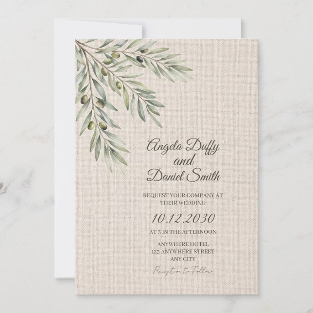 Faire-part de mariage en lin avec branche d'olivie (Devant)
