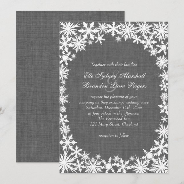 Faire-part de mariage en lin gris avec dentelle hi (Devant / Derrière)