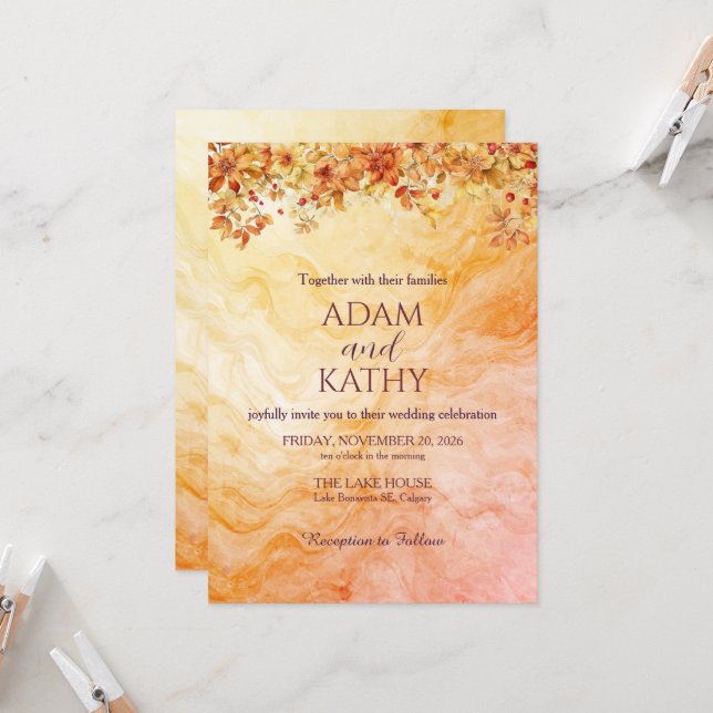 Faire-part de mariage en marbre Automne Chaud (Devant/Arrière en situation)