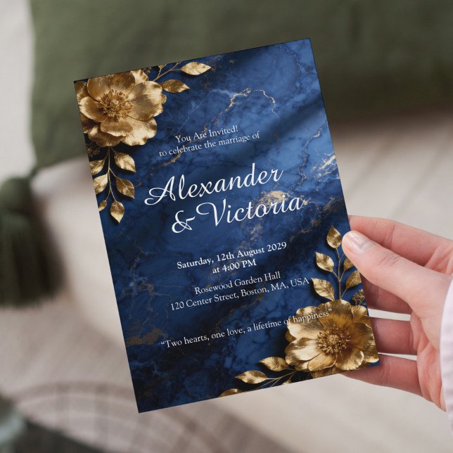 Faire-part de mariage en marbre bleu marine et or (Créateur téléchargé)