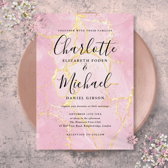 Faire-part de mariage en marbre d'agate rose or (Signature Script Pink Gold Agate Marble Wedding Invitation)