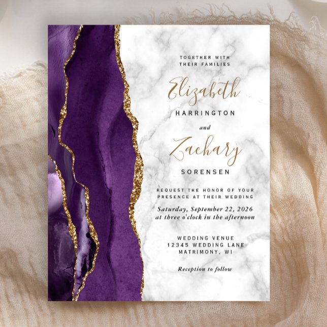 Faire-part de mariage en marbre d'agate violet or  (Créateur téléchargé)