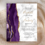 Faire-part de mariage en marbre d'âge or violet bu<br><div class="desc">Le bord gauche de cette élégante faire-part de mariage moderne est orné d'une bordure d'aquarelle violette ornée d'une parties scintillant en faux or. Le texte personnalisable combine écriture manuscrite de couleur or avec cuivre noir et polices italiques sur un arrière - plan en marbre blanc et gris. L'envers est assorti...</div>